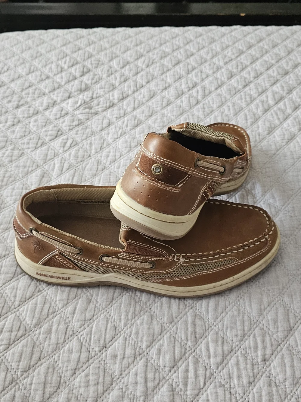 Margaritaville Men's Brown Tan Leather Slip-On Boat Shoes